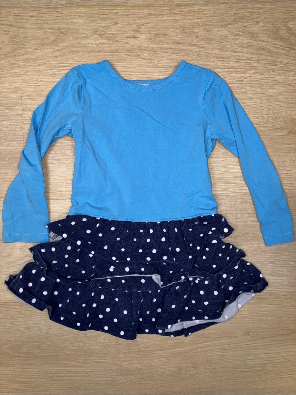 Hanna Andersson Bright Blue Long-Sleeve Top with Navy Polka Dot Ruffle Skirt